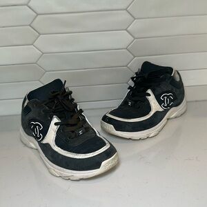 Chanel Grey/White Suede And Nylon CC Low Top Sneakers Size 37